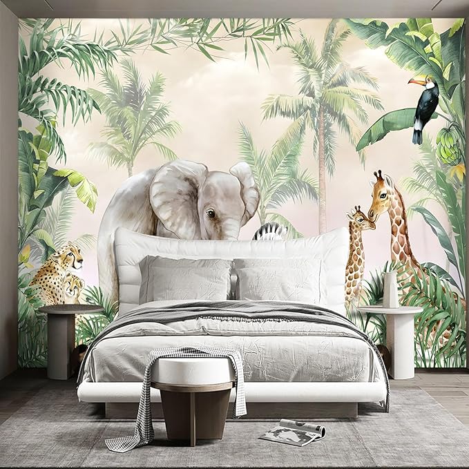 Tropical Animal Plants Peel and Stick wallpeper Nursery Kids Bedroom Elephant Wall murals for Bedroom Living Room - 96"x137"