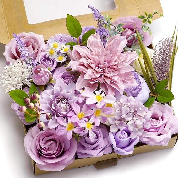 Artificial Flower Combination Box Set Artificial Flower Loose Leaves and Stems DIY Wedding Center Bouquet Bride Wedding Baby Shower（Lavender Lilac）
