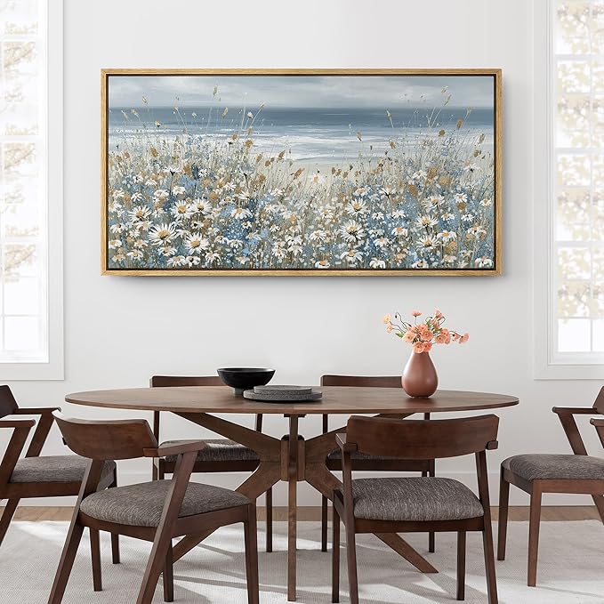 SIGNFORD Extra Large Framed Canvas Print Wall Art Coastal Wildflowers Beach Meadow Landscape llustrations Modern Art Relax/Calm Warm for Living Room, Bedroom, Office - 60"x30"