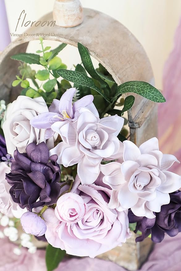 Floroom Artificial Gardenia Flowers 2.7" 25pcs Real Looking Lilac & Purple Foam Fake Flowers with Stems for DIY Wedding Bouquets Bridal Shower Centerpieces Floral Arrangements Party Tables Decorations