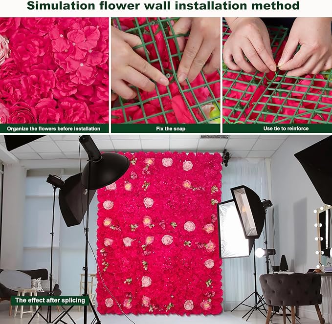 Flower Wall Backdrop 12 pcs 16.5x16.5 Inch Floral Wall Panel Artificial 3D Silk Rose Wall Decor Ideal for Wedding Celebrations, Festive Party Backdrops, and Home Decor-Rose Red