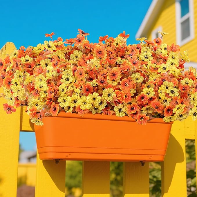 12 Bundles Artificial Fake Mums Flowers for Outdoor Faux Silk Orange Yellow Daisy Realistic UV Resistant No Fade Fake Plants Flowers for Planter Porch Patio Indoor Thanksgiving Decor