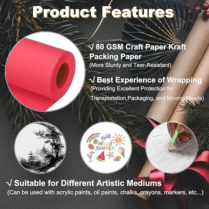 PATIKIL Wrapping Paper, 15"x800"(66') Bulletin Board Paper Roll Kraft Paper Roll Construction 80GSM for Shipping Packing Gift Wrapping Craft Flower Bouquet Christmas, Red