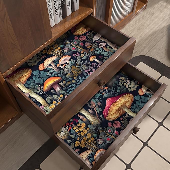 Mushroom Wallpaper Peel and Stick Floral Contact Paper Vintage Wall Paper for Chest of Drawers TV Stand Bookcase Removable Waterproof Dark Black 17.5 x 78.5In