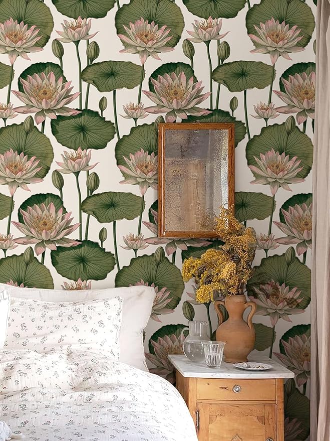 Orainege Floral Wallpaper Peel and Stick Floral Contact Paper Boho 16.9inx118.1in Lotus Flower Wallpaper Removable Self Adhesive Wall Paper for Bedroom Cabinets Decorative