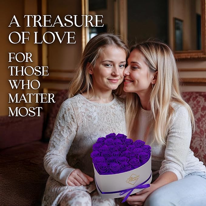GLAMOUR BOUTIQUE Preserved Roses in a Box - Gifts for Her, Wife & Mom, Rose Flowers Forever Decor for Birthday Gift, Get Well Flower Bouquet Cased in White Box with Cover - Purple - 27-Piece