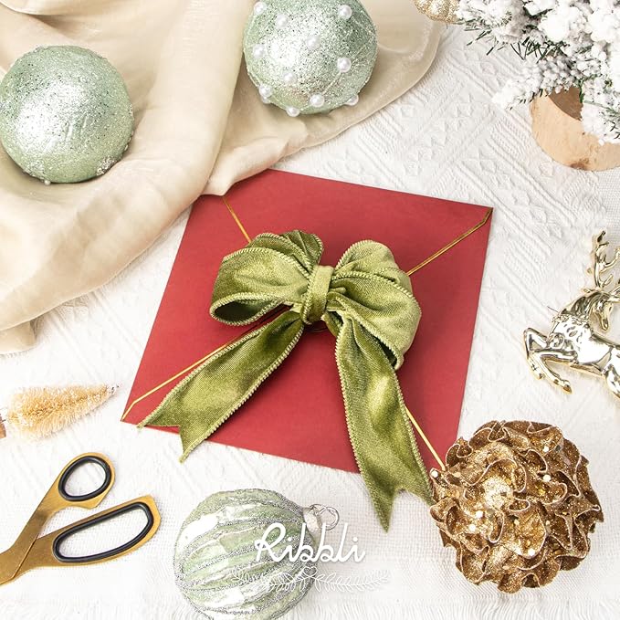 Ribbli Olive Green Velvet Wired Ribbon 1.5 Inch Velvet with Satin Christmas Ribbon for Gift Wrapping Christmas Tree Decoration Crafts Wreaths Supplies-Continuous 10 Yards