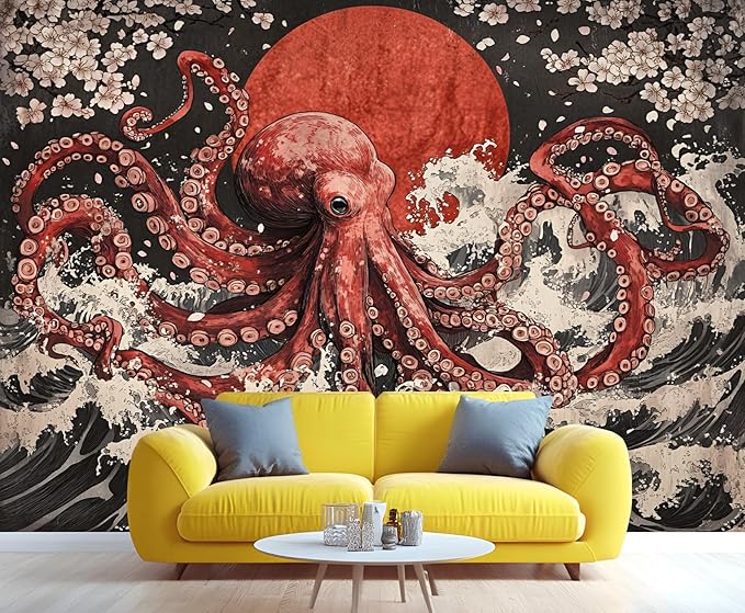 Japanese Wave Octopus Wall Mural, Japanese Traditional 3D Wall Murals, Ocean and Octopus Wallpaper Mural, for Living Room Bedroom Large Wallpaper Indoor Decor 157.5" W x110.3 H