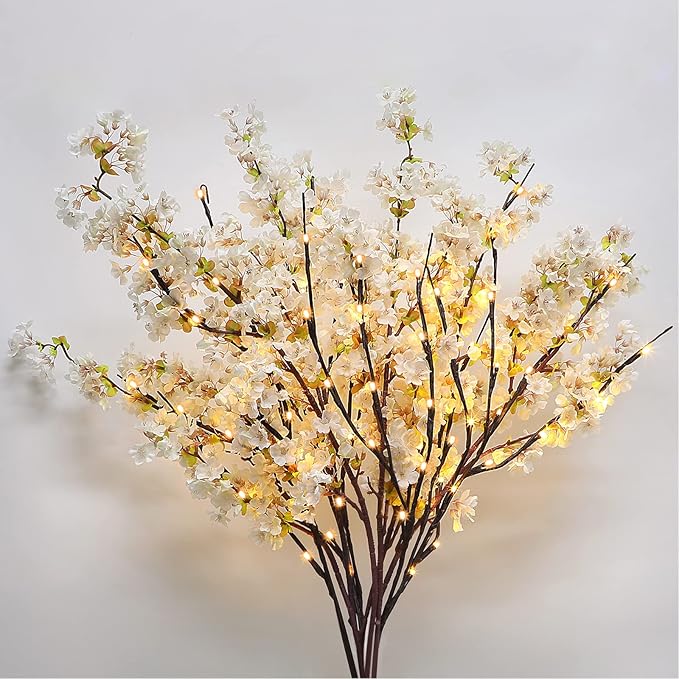 Sunm Boutique 3 PCS Silk Cherry Blossom Branches, Lighted Brown Twig Branches, Artificial White Cherry Blossom Flower, Cherry Blossom Stems Decor Faux Cherry Blossom Tree for Wedding Home Decor, 39'