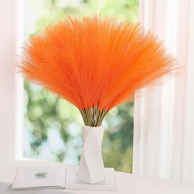 Faux Orange Pampas Grass - 30pcs 24 Inch Artificial Pampas Grass Decor, Tall Pampas Grass for Floor Vase, Table Centerpieces, Wedding, Party and Living Room Decor (Orange, 30 Pieces)
