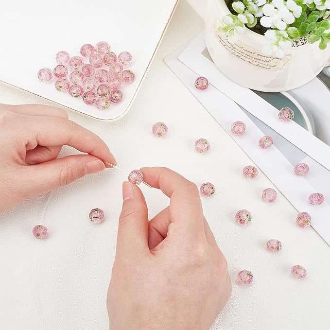PH PandaHall 60pcs 8~10mm Pink Rose Lampwork Beads Gold Sand Glass Beads Flower Glass Beads 1.5~2mm Hole Floral Handmade Lampwork Beads Round Loose Beads for Rosary Making Jewelry Craft Making
