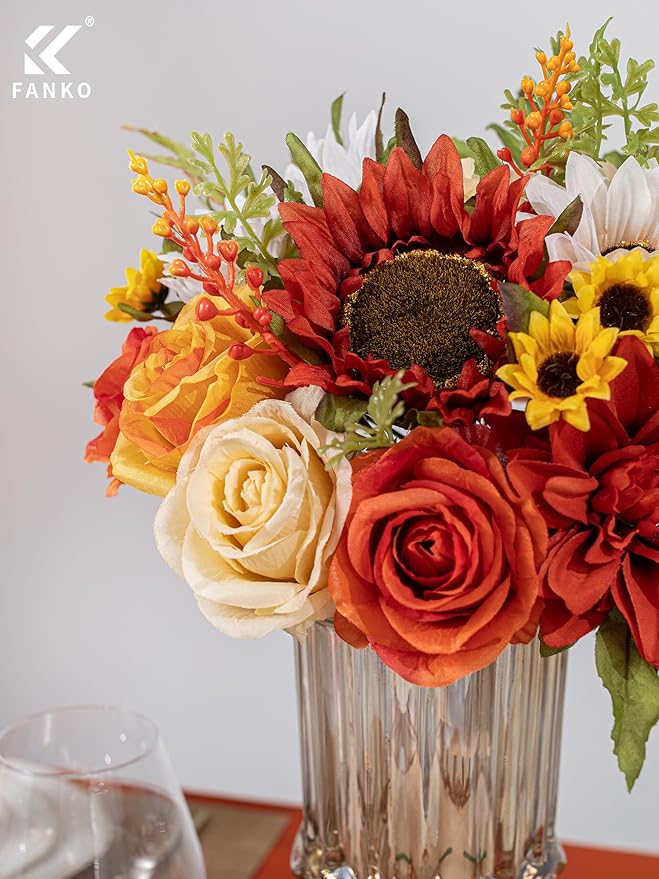 FANKO Artificial Flowers Burnt Orange Rose, Mixed Fake Silk Flowers Combo Champagne Yellow Rose Orange Sunflower Orange Dahlia Vintage Autumn for DIY Wedding Bridal Bouquets, Home Decor