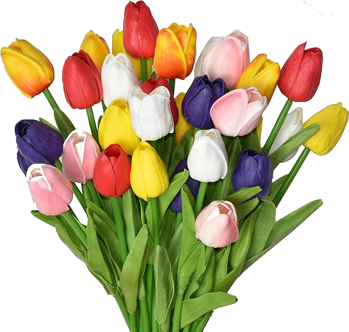 24pcs Multicolor Artificial Tulips Flowers Fake Faux PU Tulip Bouquet Real Touch Flower Arrangement for Home Room Office Party Wedding Decoration Excellent Gift Idea for Mothers Day