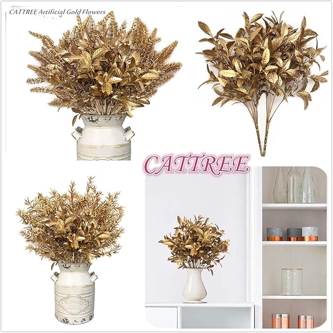 CATTREE Christmas Artificial Plants, Plastic Leaves Fake Grass Faux Shrubs Bushes for Home Indoor Outdoor Garden Leaf Wedding Festival Decoration Hall Table Golden Planter Filler - Gold 3 Pack