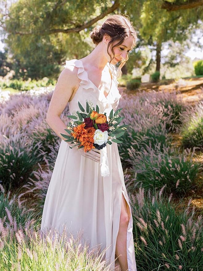 Rinlong Fall Wedding Bouquets for Bridesmaids Burnt Orange Bridesmaid Artificial Flowers Terracotta Bouquet Wedding Prom Homecoming