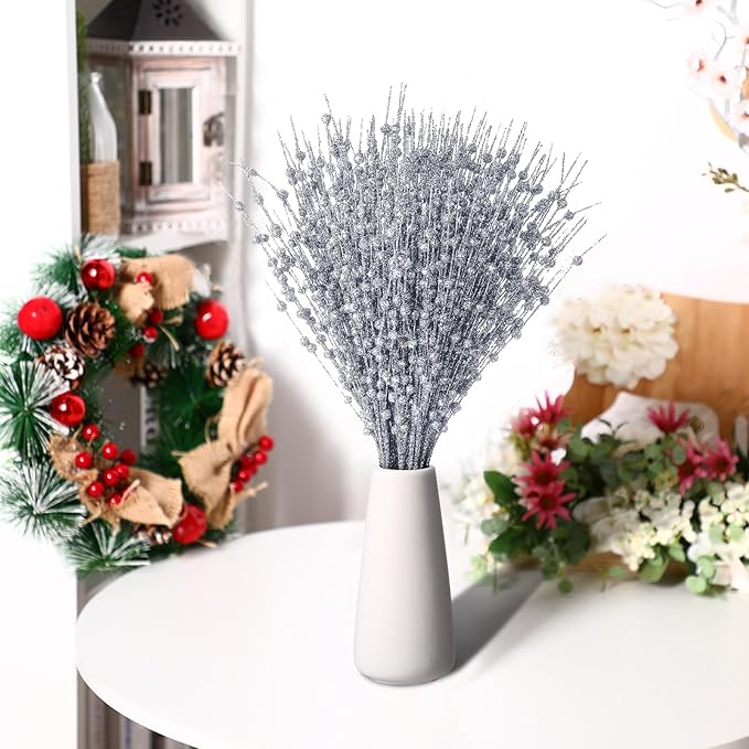 Geosar 30 Pcs Christmas Artificial Glitter Berry Stem Decorations 17 Inch Faux Stick Floral Pick Centerpiece Bouquet Flower Bead Twigs for Centerpiece Tree Wreath Xmas Ornaments Home(Silver)