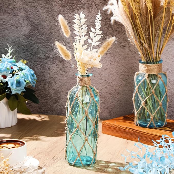 Chuangdi Set of 2 Coastal Glass Vases for Flower Small Flower Vase with Boho Rope Wrapping Beach Decorative Bottle for Coastal Nautical Table Centerpiece Wedding Floral Arrangement Decor(Light Blue)