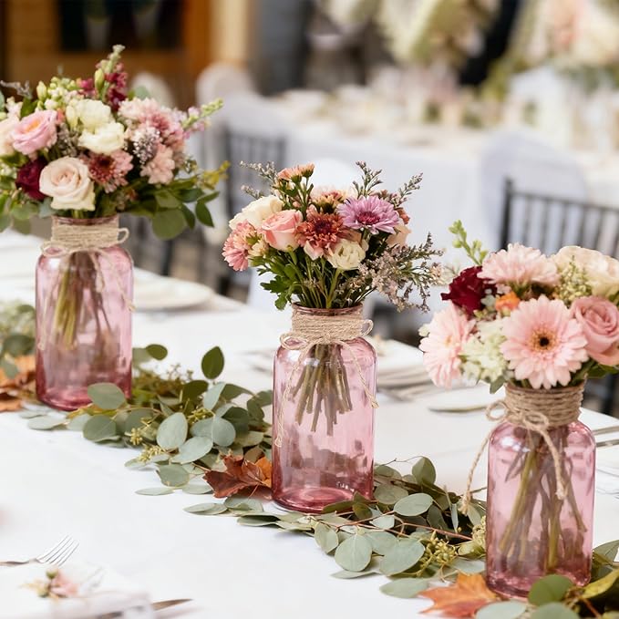 Vintage Glass Flower Vase，3 Pack Farmhouse Pink Glass Centerpiece Vases Mason Jars for Weddings, Parties & Home Decor Bulk (3, Pink)