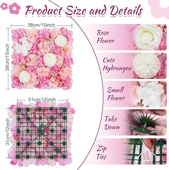 Rose Flower Wall Backdrop Panels 5ftx3.74ft Pink White Artificial Wedding Backdrop 3D Fake Floral Wall for Baby Shower Birthday Party Stage Photo Home Decor