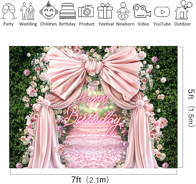 Riyidecor Happy Birthday Backdrop Polyester Fabric Pink Bow Floral Green Leaves Botanical Plant Nature Blossom Neon Flower Wall 7Wx5H Feet Girls Photography Background Birthday Photo Studio Shoot