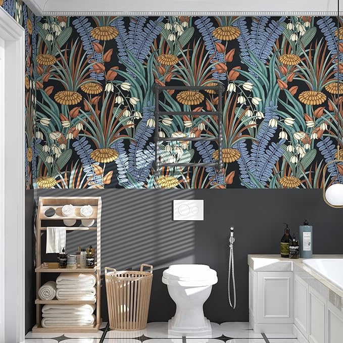 Boho Floral Peel and Stick Wallpaper Vintage Botanical Wallpaper, Self Adhesive Wall Mural 17.5" x 118" Tropical Rainforest Wall Paper for Bedroom Walls Cabinet (Black, Orange, Blue)