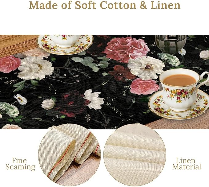 Floral Table Runner,Vintage Gothic Flowers Plant Prints Table Runner for Home Kitchen Table Decor Dining Coffee Room Party Decor 13x70 Inch