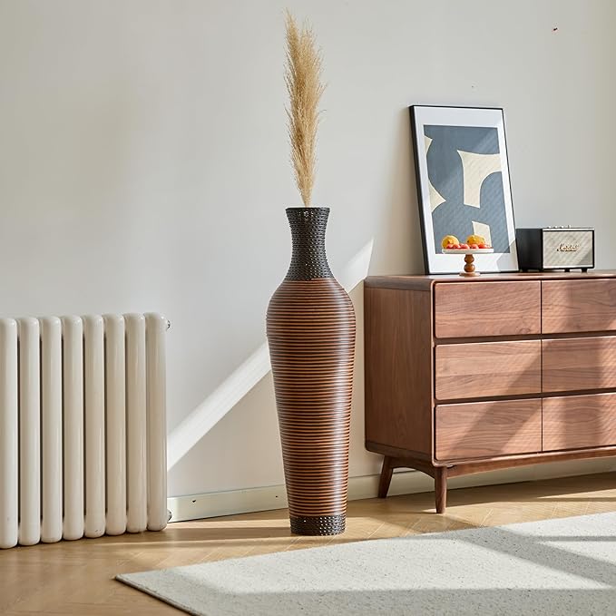 Large Hand-Woven Bamboo Floor Vase, Tall Home Decor Floor Vase for Fake Flower Dried, PVC Decorative Flower Holder for Living Room, Bedroom, Dining Room, Entryway, Hallway