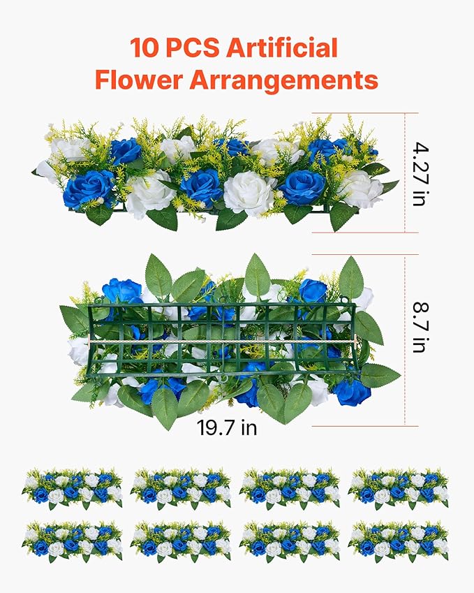 VEVOR Flower Ball Arrangement Bouquet 10 PCS, 19.6 x 8.6 Inch Artificial Flower Balls Wedding Table Centerpieces, Faux Rose Arrangements for Wedding Centerpiece Home Decoration, Blue and White Roses