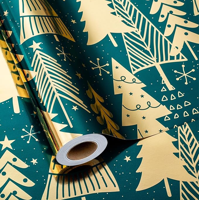 MAYPLUSS Wrap Paper Roll - 17 Inch X 33 Feet - Luxurious Metallic Foil Green Elegant Christmas Tree Winter Gift Wrapping Paper, Festive Decoration