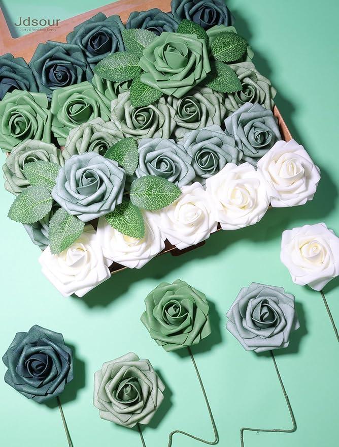 25pcs Artificial Flower，Real Looking Foam Roses w/Stem for DIY Wedding Bouquets Centerpieces Bridal Shower Party Decor-Shades of Army Green