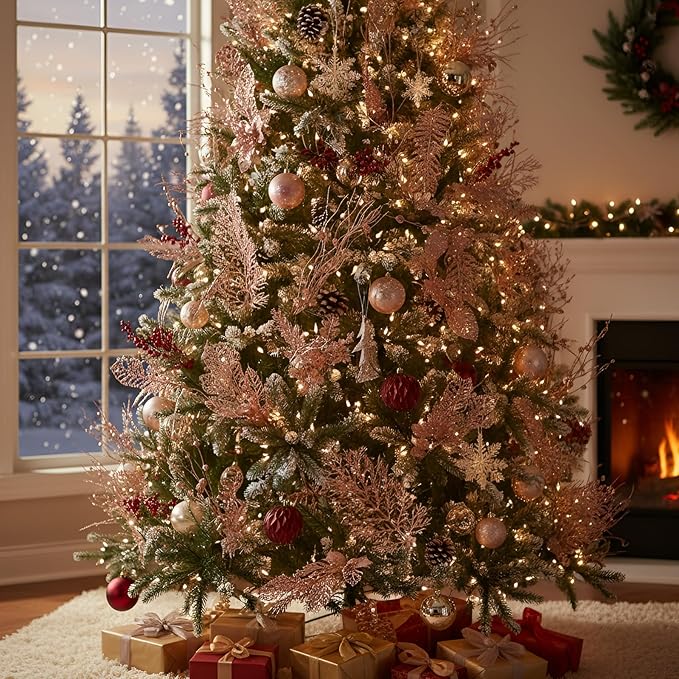 30 Pcs Artificial Christmas Tree Picks and Sprays Glitter Berry Stem Branches Holly Floral Picks Twigs Christmas Tree Ornaments for DIY Xmas Wreath Vase Filler Decorations (Rose Gold)