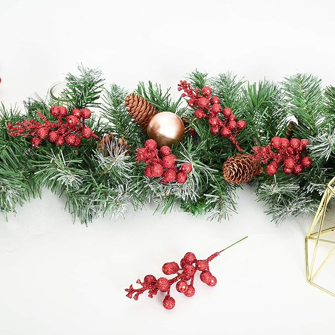Lvydec 16pcs Christmas Glitter Berries Stems Clearance, 7.8" Artificial Christmas Picks for Christmas Tree Ornaments, DIY Xmas Wreath, Crafts, Holiday and Home Decor (Red)