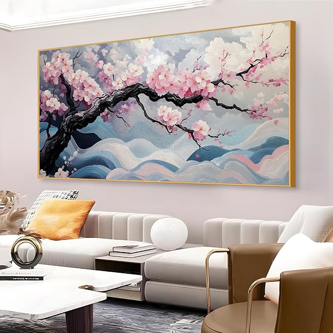 Japanese Cherry Blossom Canvas Wall Art, Sakura Tree Canvas Print, Pink Floral Pictures, Cherry Blossom Tree Wall Art, Flower Branch Decor, Nature Prints for Living Room (Gold Framed, 39"x19" | 100x50cm)