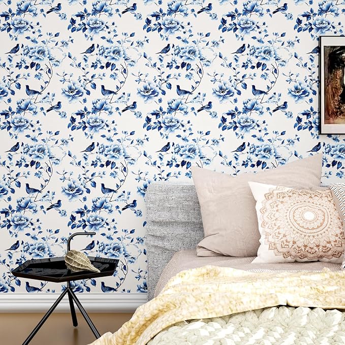 Blue Floral Wallpaper Peel and Stick Vintage Bird Leaf Contact Paper Self Adhesive Removable Modern Wall Mural Boho Wall Paper for Room Walls Cabinet Kitchen Decor 17.5in x9.8ft
