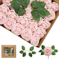 50PCS Artificial Flowers Blush Pink Roses Real Looking Foam Fake Roses with Leaves and for DIY Wedding Bouquets Bridal Shower Centerpieces Party Decorations (Blush Pink)