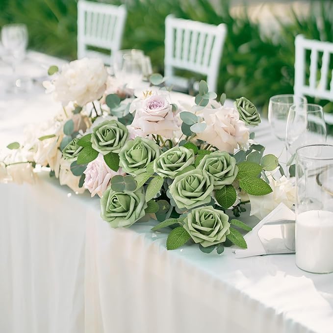 Mocoosy 50Pcs Rose Artificial Flowers, Sage Green Fake Roses for Decorations, Real Touch Foam Roses Bulk with Stems DIY Wedding Bouquets Elf Green Floral Arrangements Bridal Shower Party Home Decor