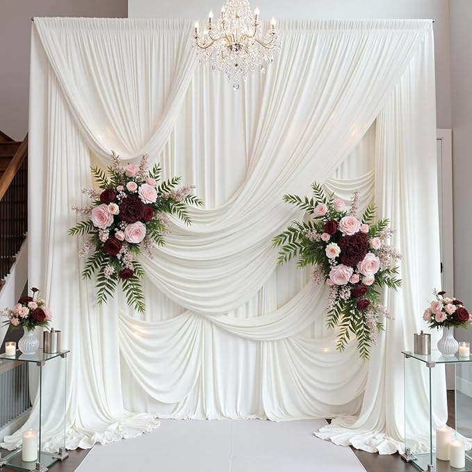 PartyVillage 50ft×15ft Ivory Backdrop Curtain for Wedding Parties, 10 Panels Wrinkle Free 15 FT Long Polyester Photo Backdrop Drapes Back Drop Cloth for Birthday Photography Background