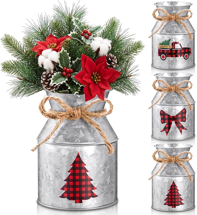 Domensi 3 Pcs Christmas Flower Vases for Table Centerpieces Bulk 5.12 Inch Metal Galvanized Farmhouse Flower Buckets with Bow Rustic Xmas Milk Can Jug for Kitchen Dining Room Table Decor (Iron)