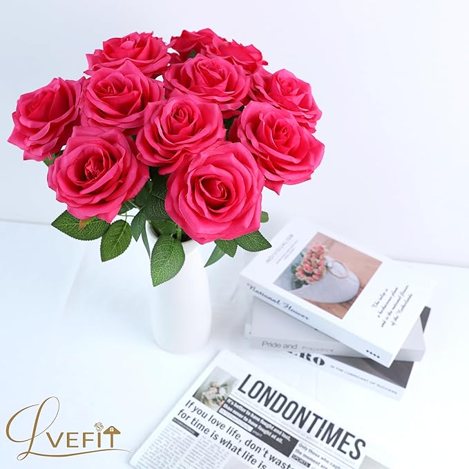 30pcs Artificial Rose Flower Hot Pink Rose Flower with Long Stem Silk Roses Bouquet for Wedding Bridal Shower Party Home Decoration