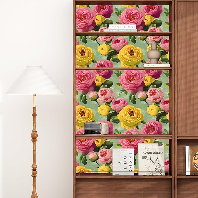 Colorful Floral Wallpaper Stick and Peel Vibrant Wall Paper Modern Boho Flowers Contact Paper for Bedroom Bathroom Yellow Pink Green Removable Renter Friendly 17.5 x 118In