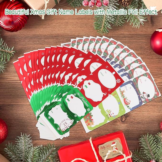 Jumbo Christmas Name Tags Stickers 120 Pack/8 Designs -Gift Tag with Reflective Metallic Foil for Christmas Presents (Snow White)