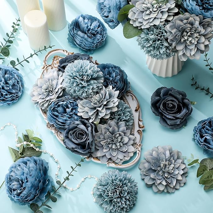 98 Pcs Assorted Faux Flowers Heads with Stem Eucalyptus Leaves Silk Artificial Flowers Bouquet Floral Table Centerpieces for DIY Wedding Party Wreath Home Decoration(Gray Blue,Vivid Style)