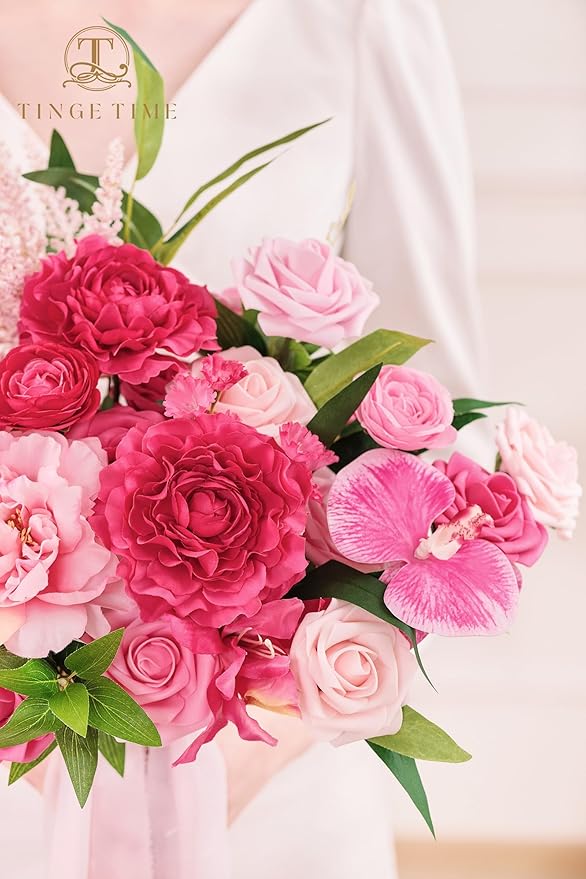 TINGE TIME 11 Inch Wedding Bouquets for Bride，HotPink Artificial Flowers Bouquet， Brides & Bridesmaids Bouquet for Wedding Anniversary Ceremony Bridal Shower Decorations