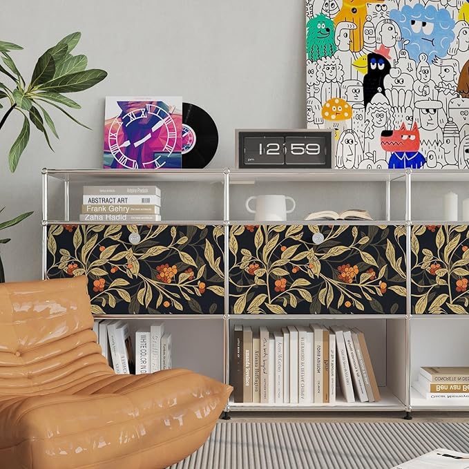 Dark Floral Wallpaper Peel Stick, Vintage Botanical Removable Contact Paper Stick on Cubicle Drawer Cabinet, Self-Adhesive Vinyl Leaf Fruit Wall Paper Black Yellow Gold Orange 17.5In x 9.8Ft