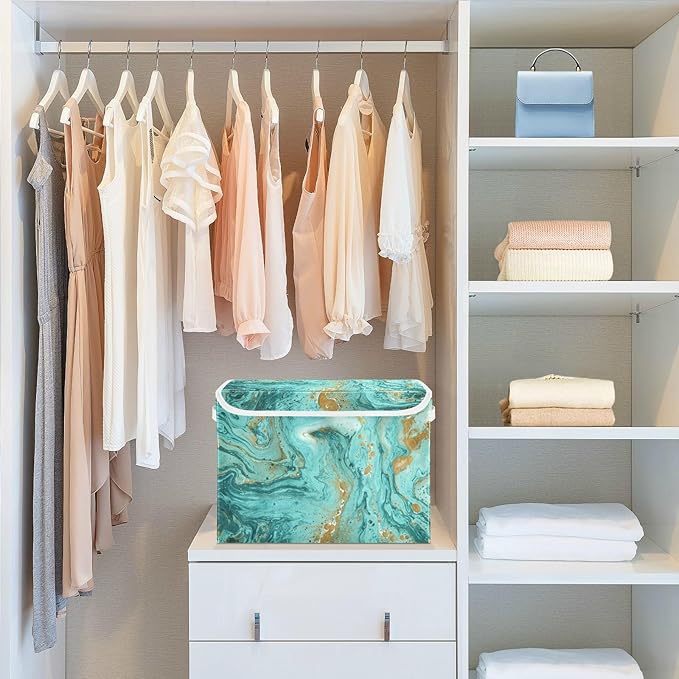 Senya Collapsible Storage Bins with Lids, Golden and Turquoise Marble Teal Storage Boxes for Organizing