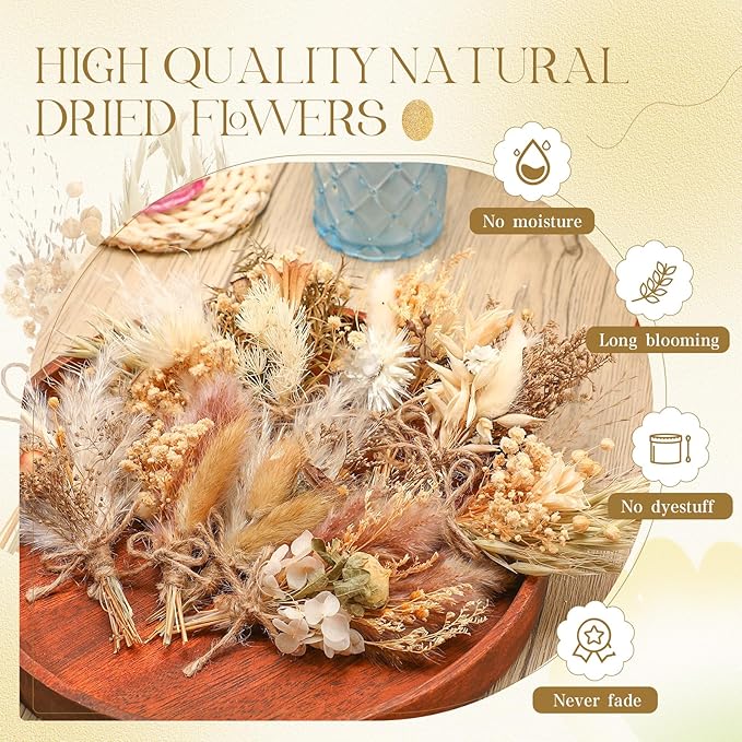Layhit 12 Pack Boho Dried Flower Bouquet Mini Wedding Handmade Dry Flowers Decor for Vase Crafts DIY Photo Boutonniere for Men Floral Plant for Bridesmaid Gift Birthday Decor(Rustic)