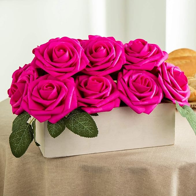 Artificial Flower Foam Rose 25pcs Real Looking Fake Rose with Stems Leaves for Home Decoration Party Garden Centerpieces DIY Wedding Bouquets（Hot Pink）