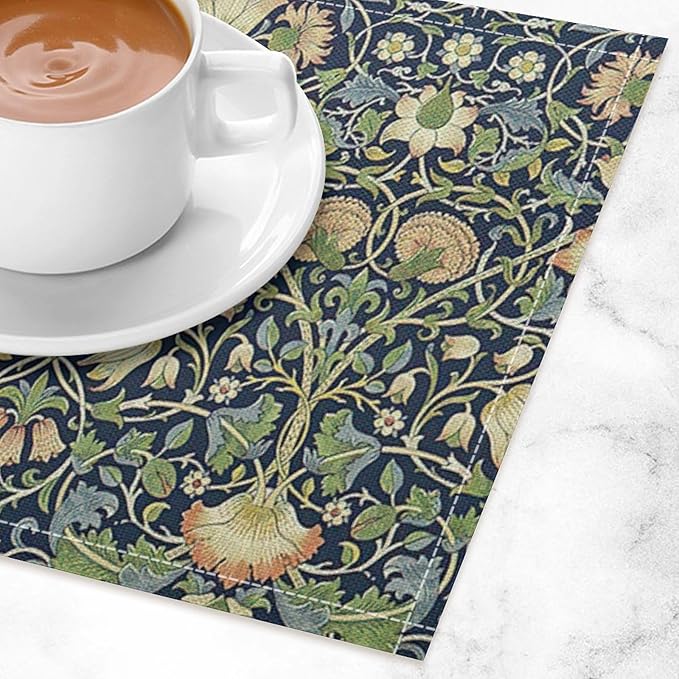 William Morris Flower Placemats Set of 6, Vintage Botanical Plant Place Mats, Heat Resistant Non Slip Cotton Linen Dining Table Mats for Home Kitchen Party 18x12 Inch