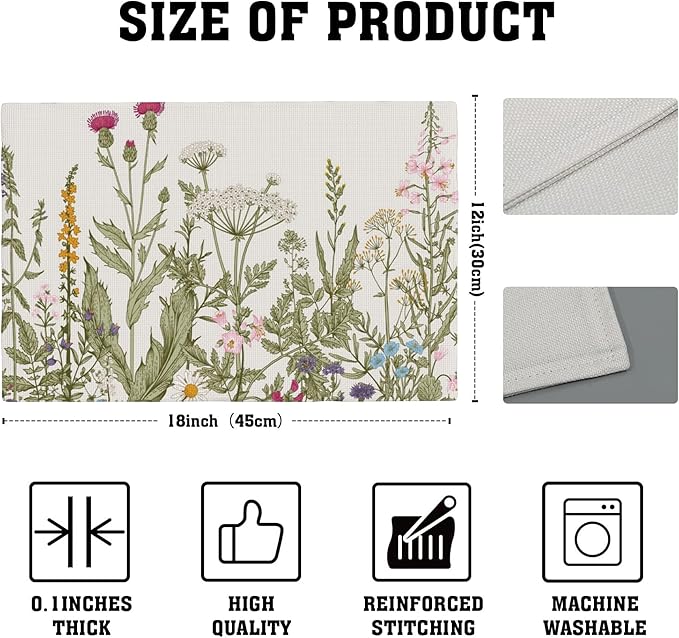 Wild Flowers Placemats Set of 4,Vintage Floral Plant 12x18 Inch Non-Slip Washable Heat Resistant Linen Fabric Table Mats,Place Mats for Holiday Party
