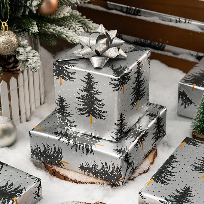 MAYPLUSS Christmas Gift Wrap Trees - 17 Inch X 33 Feet - Silver White Minimalist Christmas Trees Wrapping Paper Winter Festive Forest Present Sheet for Holiday, Seasonal Celebration